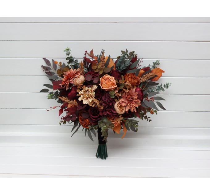 Bouquets in burgundy orange rust brown color theme. Bridal bouquet. Faux bouquet. Bridesmaid bouquet. 5330