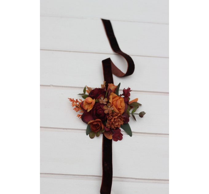  Wedding boutonnieres and wrist corsage  in burgundy orange rust brown color scheme. Flower accessories. 5330