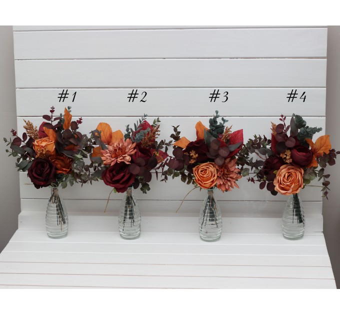 Mini bouquets for vases in burgundy orange rust  brown color scheme. Flowers for wedding decor. Table flowers. Centerpiece. 5330