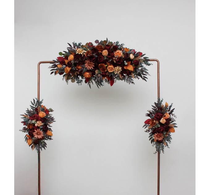  Flower arch arrangement in burgundy orange rust brown colors.  Arbor flowers. Floral archway. Faux flowers for wedding arch. 5330