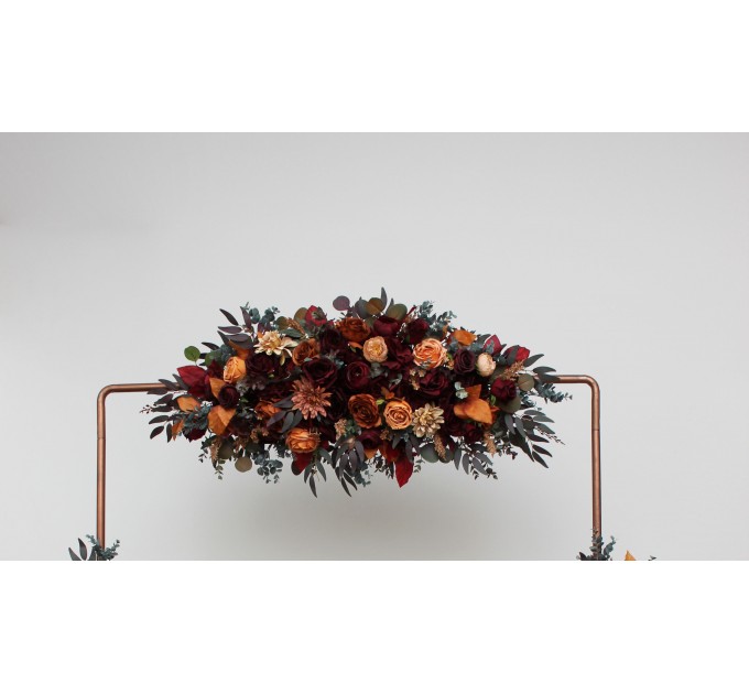  Flower arch arrangement in burgundy orange rust brown colors.  Arbor flowers. Floral archway. Faux flowers for wedding arch. 5330