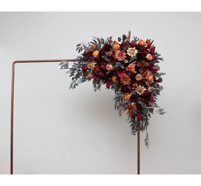  Flower arch arrangement in burgundy orange rust brown colors.  Arbor flowers. Floral archway. Faux flowers for wedding arch. 5330