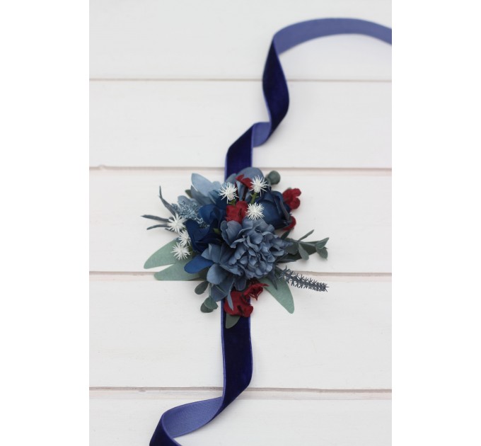  Wedding boutonnieres and wrist corsage  in navy blue dusty blue burgundy sage green color scheme. Flower accessories. 5332