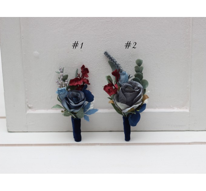  Wedding boutonnieres and wrist corsage  in navy blue dusty blue burgundy sage green color scheme. Flower accessories. 5332