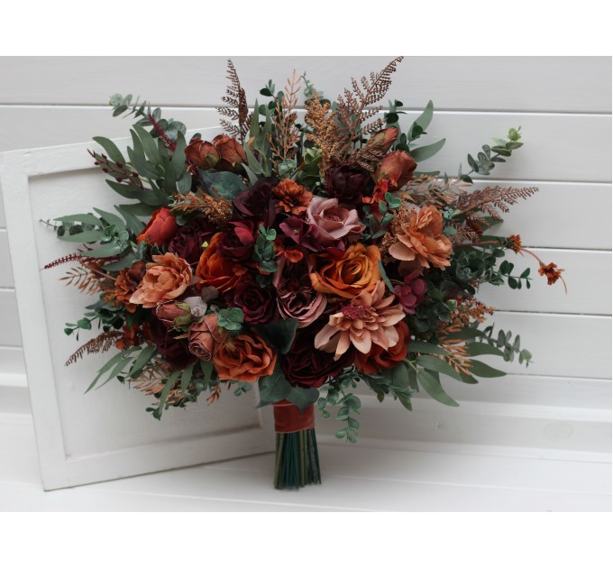 Bouquets in burgundy dusty rose terracotta rust color theme. Bridal bouquet. Faux bouquet. Bridesmaid bouquet. 5294