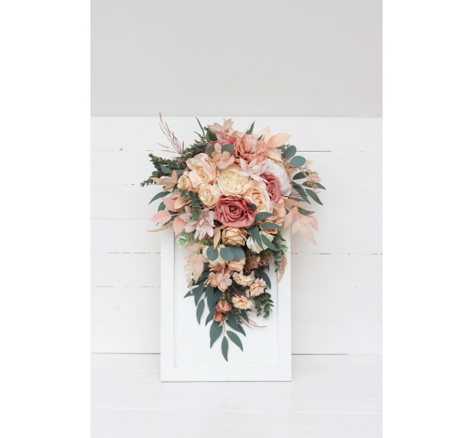 Cascading Boho Bridal Bouquet in Dusty Rose, Peach & Ivory | Faux Fall Wedding Flowers
