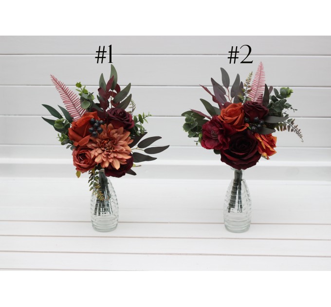 Mini bouquets for vases in red burgundy orange color scheme. Flowers for wedding decor. Table flowers. Centerpiece. 5077