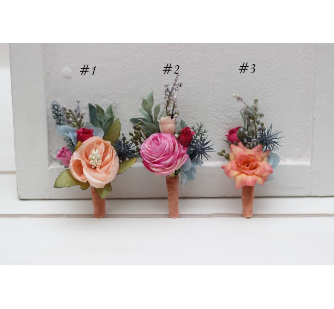 Wedding boutonnieres and wrist corsage in magenta peach coral dusty blue color scheme. Flower accessories. 5286