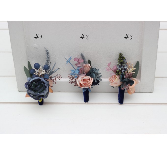  Wedding boutonnieres and wrist corsage  in navy blue dusty rose color scheme. Flower accessories. 5245