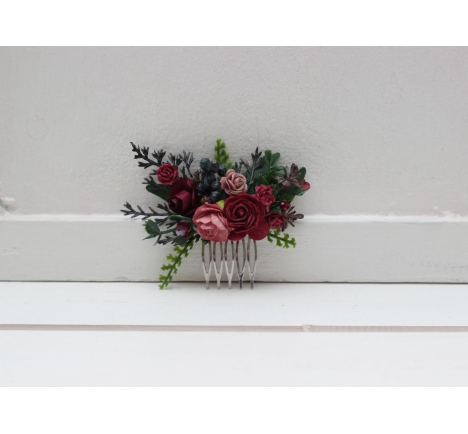 Flower comb in burgundy dusty rose color scheme. Wedding accessories for hair. Bridal flower comb. Bridesmaid floral comb. 5341