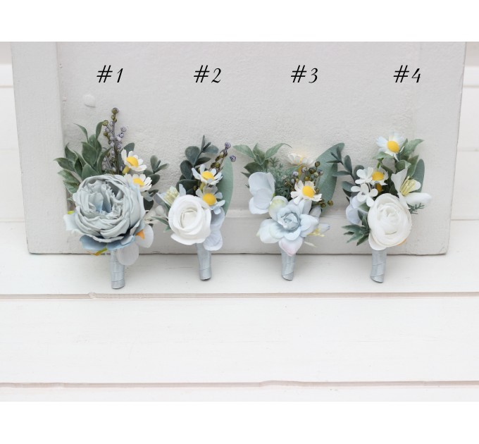  Wedding boutonnieres and wrist corsage  in white sky blue color scheme. Flower accessories. 5253