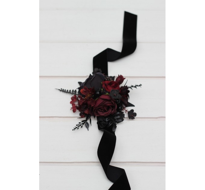  Wedding boutonnieres and wrist corsage  in black and burgundy color scheme. Flower accessories. Pocket boutonniere. 5325