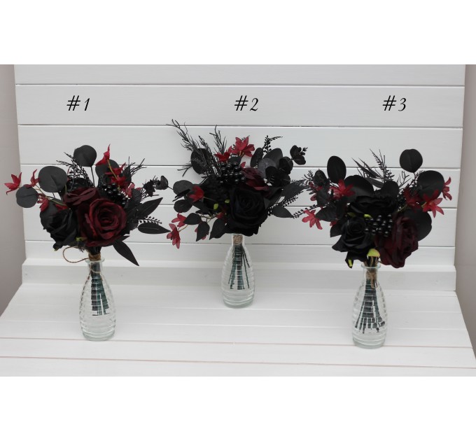 Mini bouquets for vases in black burgundy color scheme. Flowers for wedding decor. Table flowers. Centerpiece. 5325