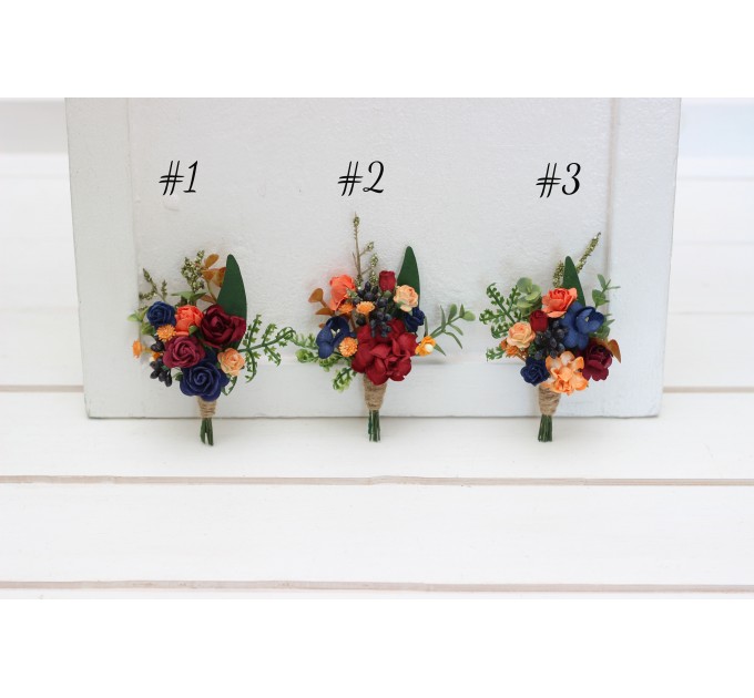  Wedding boutonnieres and wrist corsage  in burgundy navy blue and rust color scheme. Flower accessories. 5343