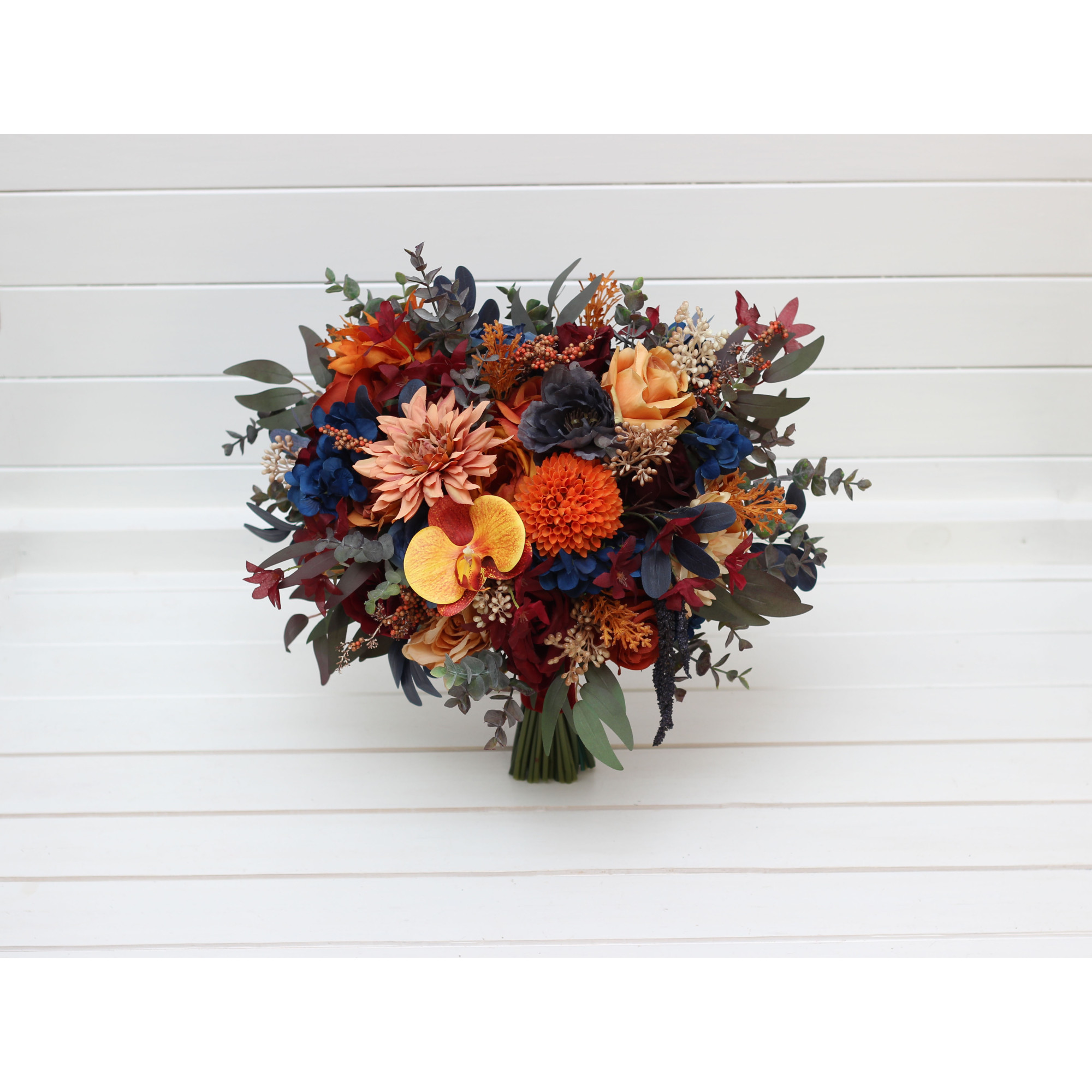navy blue bridesmaid dresses with orange flowers Burnt Orange Navy Blue Wedding Bouquet, Silk Flower Bouquet, Fall Wedding  Bouquet
