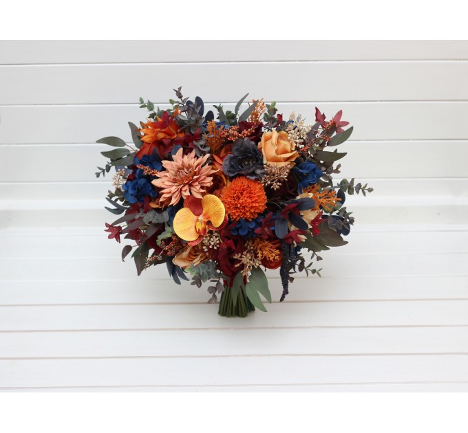 Wedding bouquets in rust orange burgundy navy blue colors. Bridal bouquet. Cascading bouquet. Faux bouquet. Bridesmaid bouquet. 0043