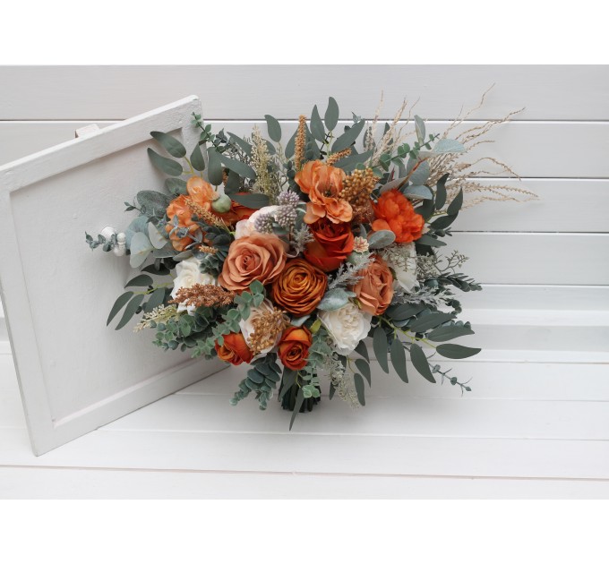 Bouquets in burnt orange ivory sage green color theme. Bridal bouquet. Faux bouquet. Bridesmaid bouquet. 5348