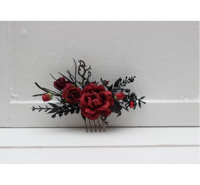 Black, Red, and Burgundy Gothic Hair Combs with Artificial Flowers and Spider Bead