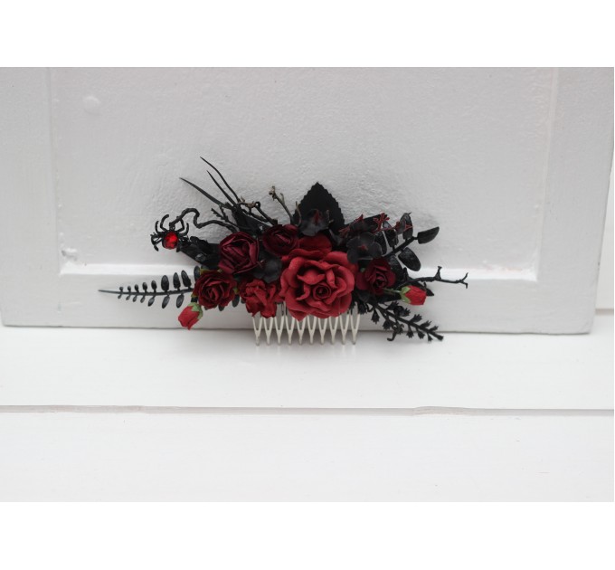 Black, Red, and Burgundy Gothic Hair Combs with Artificial Flowers and Spider Bead