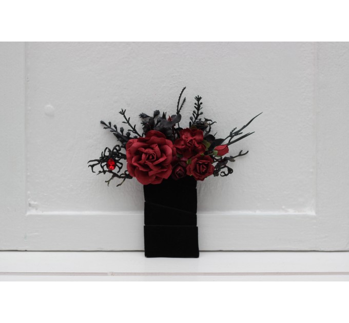 Black, Red, and Burgundy Gothic Boutonnieres with Artificial Flowers and Spider Bead