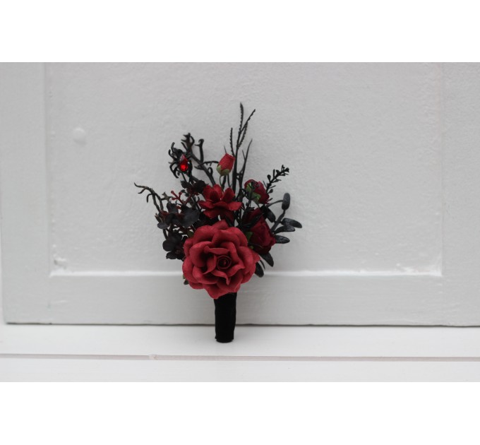 Black, Red, and Burgundy Gothic Boutonnieres with Artificial Flowers and Spider Bead