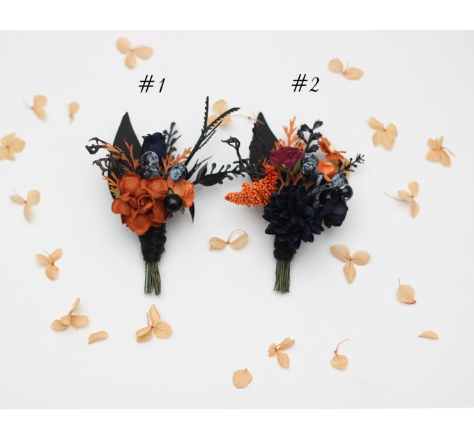 Boutonnieres in Black, Rust, Navy Blue, and Burgundy for Weddings