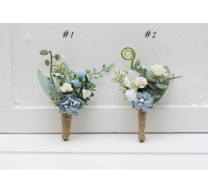 Elegant dusty blue & white wedding accessories – Boutonnieres