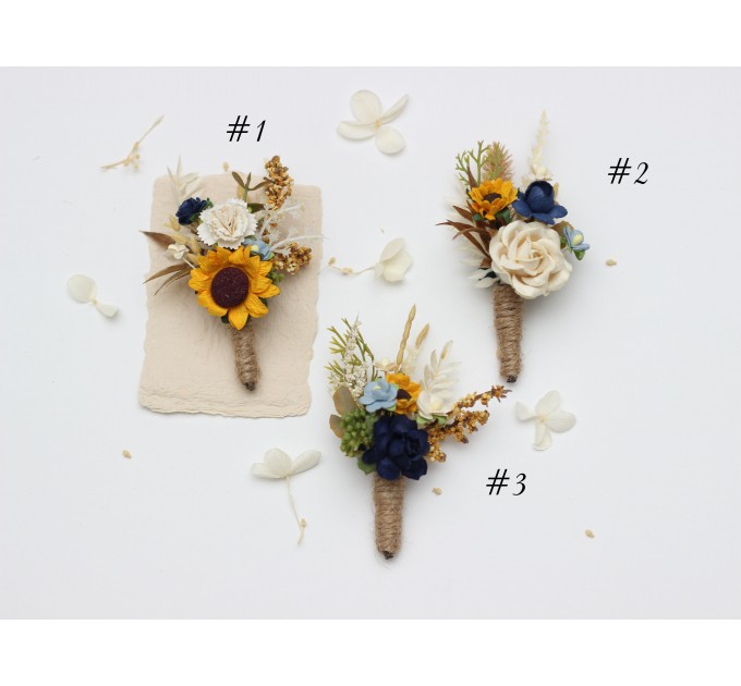 Wedding Boutonnieres with Sunflowers in Navy Blue, Cream, and Dusty Blue