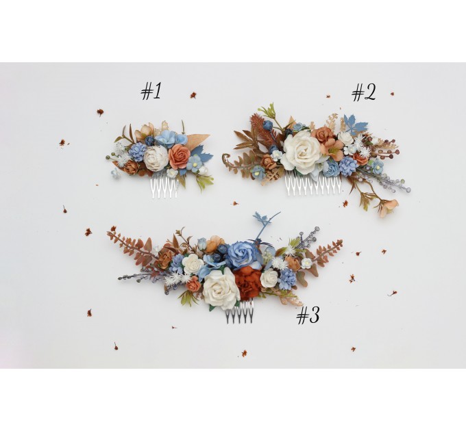 Elegant Wedding Flower Combs in Terracotta, Dusty Blue, and White