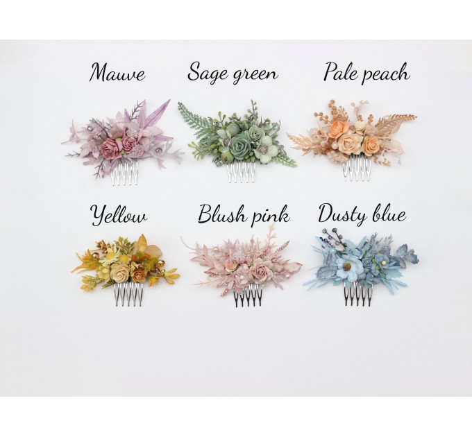 Set of Single-Color Floral Hair Combs – Dusty Blue, Sage Green, Peach, Yellow, Blush Pink & Mauve – Bridesmaid Hair Accessories