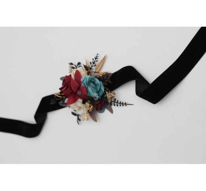 Wedding boutonnieres and wrist corsage in dark teal burgundy black cream color scheme. Flower accessories. 5136