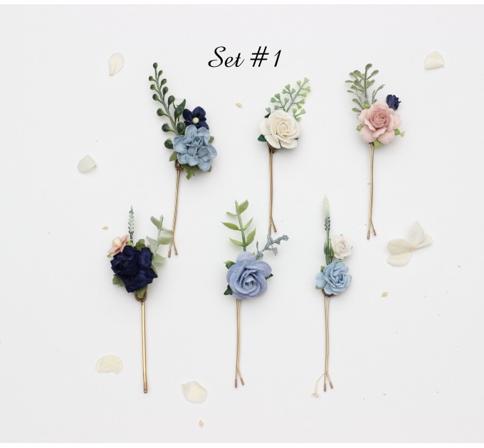 Set of White, Dusty Blue, Navy Blue, and Blush Pink Hair Pins – Elegant Wedding Accessories