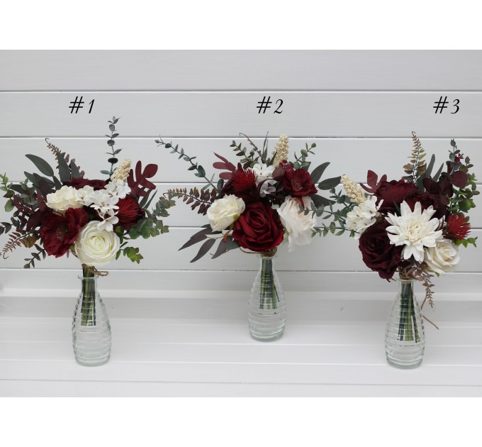 Simple Wedding Table Flowers – Burgundy and Ivory Mini Bouquets