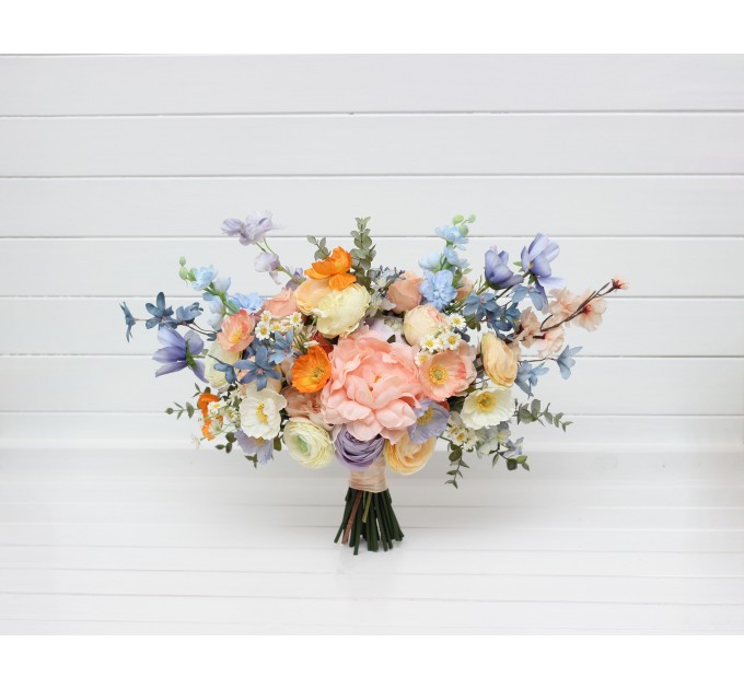 Colorful Faux Bridal Bouquet – Peach, Dusty Blue, Ivory & Orange Bridesmaid Bouquet