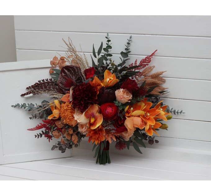 Wedding bouquets in burnt orange red burgundy colors. Bridal bouquet. Cascading bouquet. Faux bouquet. Bridesmaid bouquet. 5103