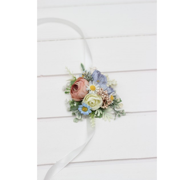 Wedding Boutonnieres and Wrist Corsages in Dusty Blue, White, and Beige