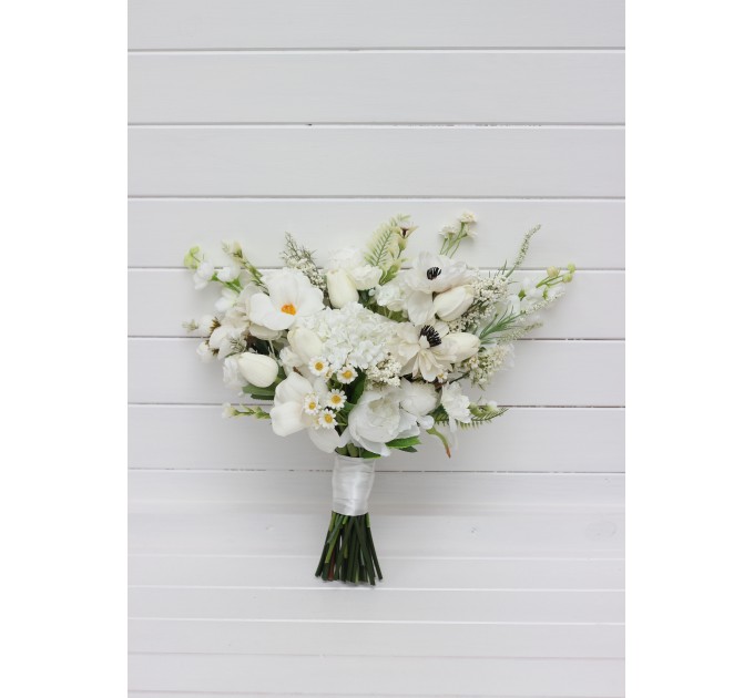 White Bridal Bouquet with Anemones, Tulips & Daisies | Faux Wildflowers