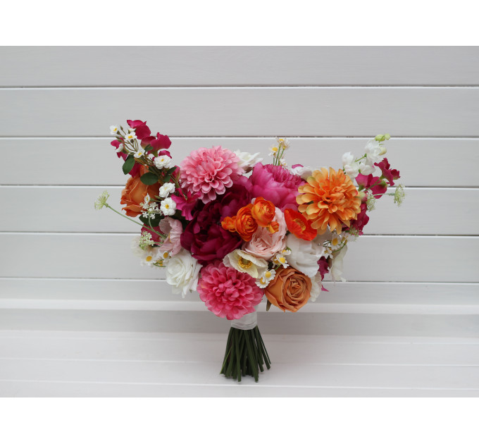 Orange, Magenta & Pink Bridal & Bridesmaid Bouquets | Wildflowers & Faux Dahlia Daisy Wedding Bouquets