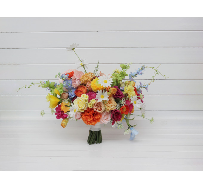 Bright Orange, Magenta, Pink & Yellow Bridal Bouquet | Summer Wildflower Faux Wedding Flowers