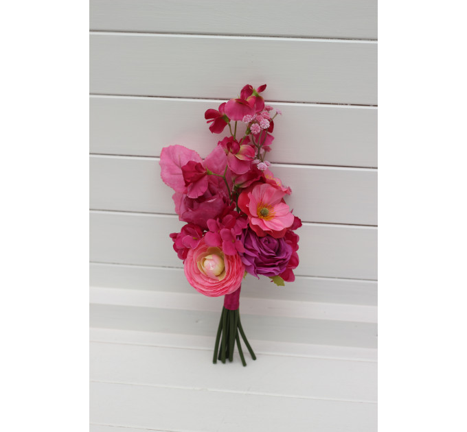 Orange, Magenta, Pink, Yellow, Dusty Blue & Green Bridesmaid Bouquet | Summer Wildflower Faux Wedding Flowers