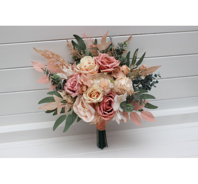 Cascading Boho Bridal Bouquet in Dusty Rose, Peach & Ivory | Faux Fall Wedding Flowers