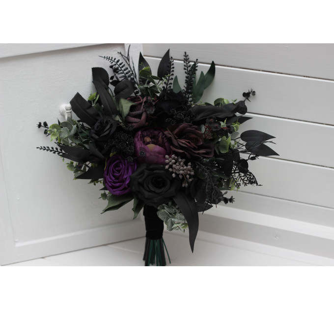 Cascading Bridal & Bridesmaid Bouquets – Gothic Faux Flowers in Deep Purple, Black & Dark Green