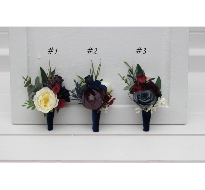 Wedding Boutonnieres and Wrist Corsage in Purple, Ivory, Emerald, Burgundy & Navy Blue