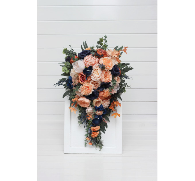 Peach & Navy Blue Cascading Bridal Bouquet – Elegant Faux Florals for Weddings