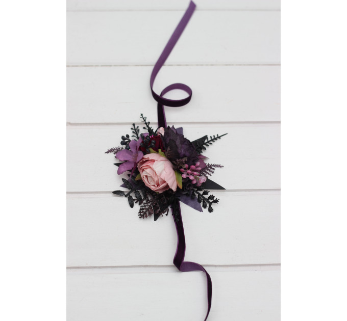 Wedding Boutonnieres and Wrist Corsage in Purple, Fuchsia, Pink & Black – Elegant Flower Accessories