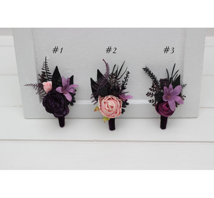 Wedding Boutonnieres and Wrist Corsage in Purple, Fuchsia, Pink & Black – Elegant Flower Accessories
