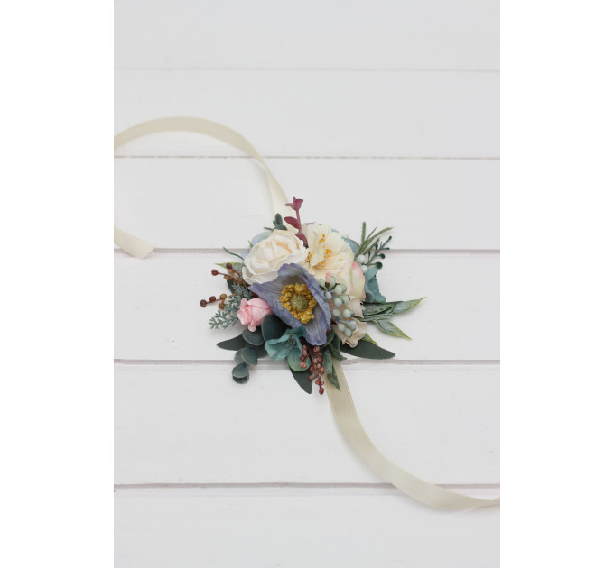 Wedding Boutonnieres & Wrist Corsage in Dusty Blue, Blush Pink & Yellow | Wildflower Faux Flower Accessories