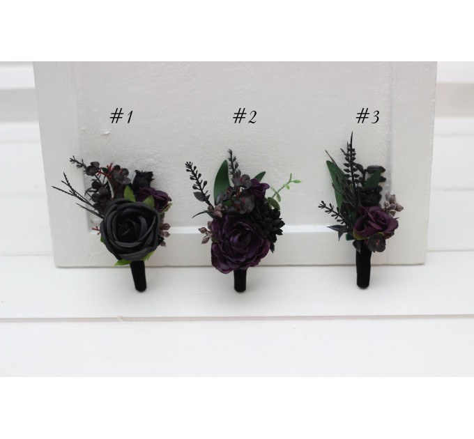 Gothic Wedding Boutonnieres & Wrist Corsages – Faux Flowers in Deep Purple, Black & Dark Green