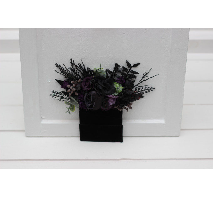 Gothic Wedding Boutonnieres & Wrist Corsages – Faux Flowers in Deep Purple, Black & Dark Green