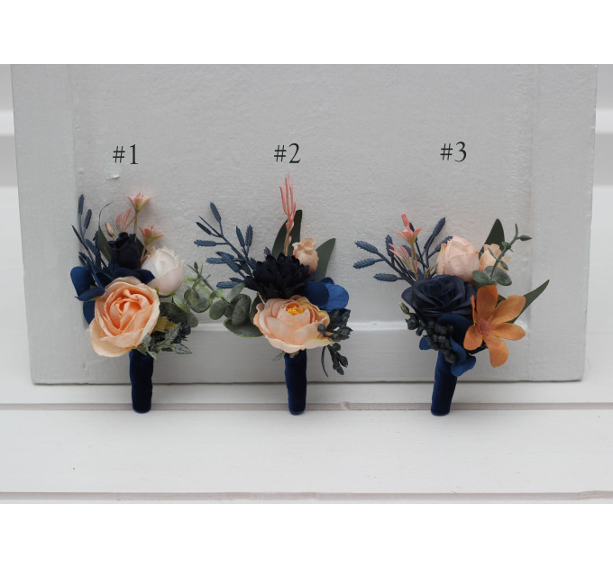 Peach & Navy Blue Wedding Boutonnieres and Wrist Corsages – Sophisticated Faux Flower Accessories